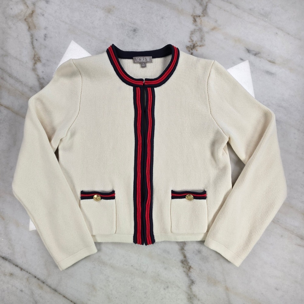 J.Crew Emilie Patch-Pocket Cardigan Sweater Womens Medium Ivory Navy Red Preppy